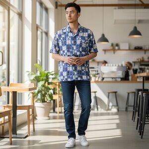 Nat Nast Shirt Mens L Blue Button‎ Up Short Sleeve Silk Blend Luxury Retro